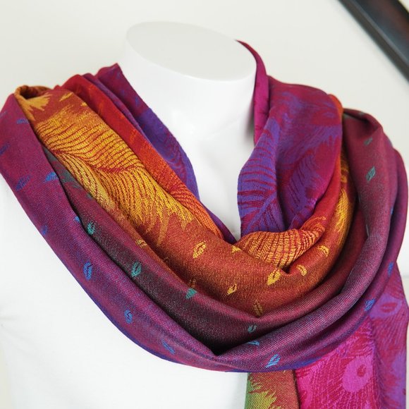 Red Feather Pashmina Scarves | Animal Print Scarf Wedding Shawls Festival Shawl - Picture 1 of 3